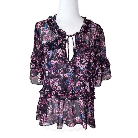 MISA - "Abigail" Short-Sleeve Blouse Floral Print - SZ XS, Black, Floral - Picture 4 of 15